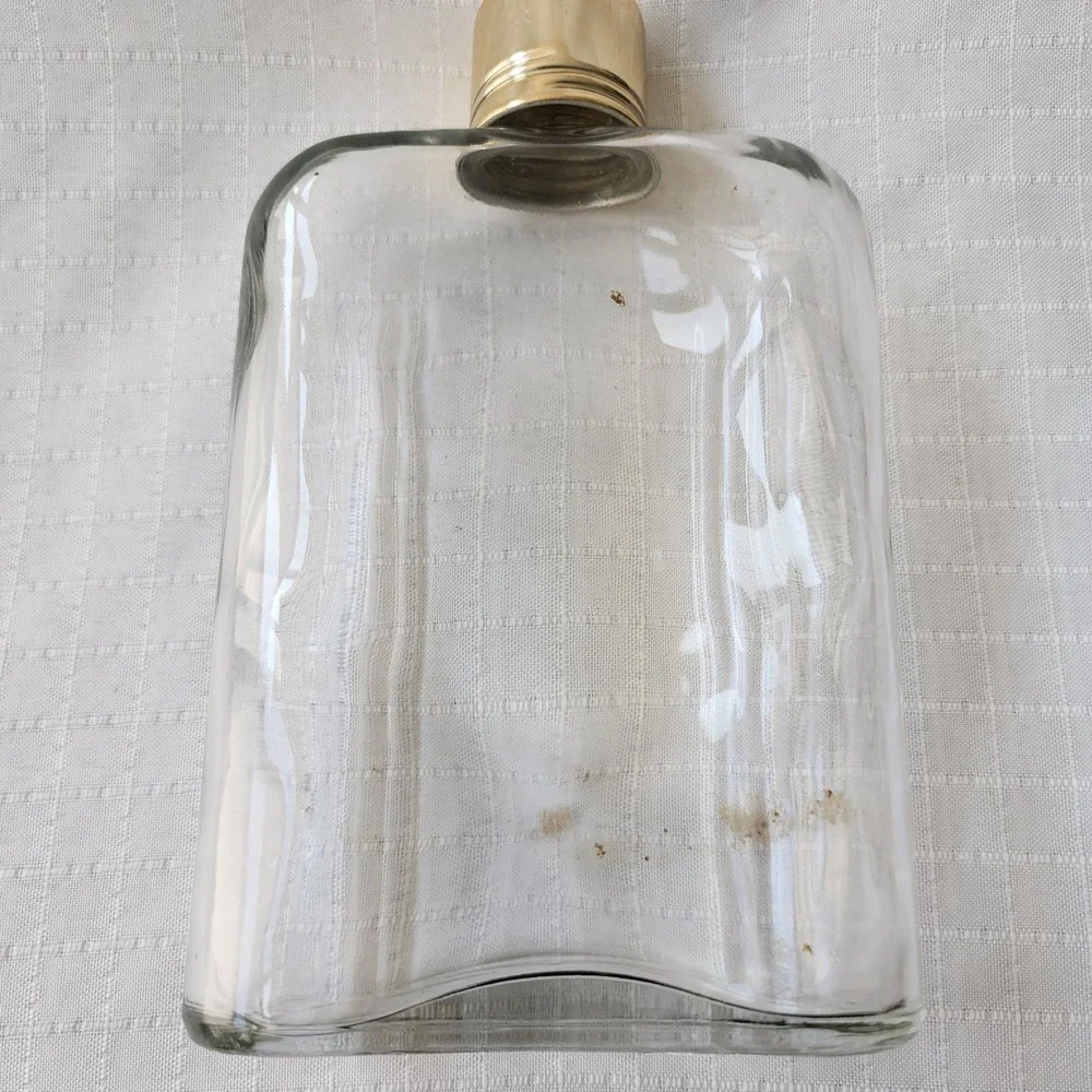 Vintage Ribbed Glass Hip Flask‎ with Two Tone Faux Leather Snap Sleeve Gold Cap